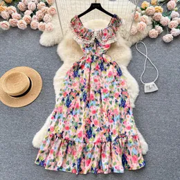 Casual Dresses 2023 Summer Backless Beach Maxi Dress Women Slash Neck Sleeveless Print Floral Vintage Long Dress Elegant Evening Party Dresses