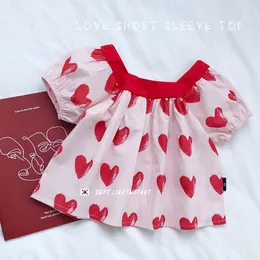 Girls love heart printed shirts kids square collar puff sleeve blouse summer children all-matching princess clothes Z2744