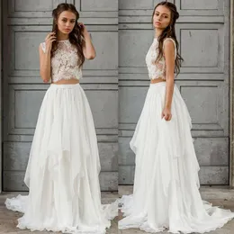 Seksowna dwuczęściowa suknia ślubna Boho 2021 Top szyfonowy Summer Beach Garden Bride Sukienki na podłogę Bohemian Country Bridal Gow295u