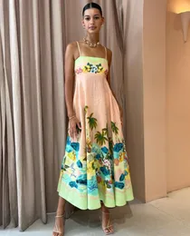 Freizeitkleider Australisches Designerkleid 2023 Frühling/Sommer Positionierungsdruck Urlaub Patchwork Kokosnussbaum-Träger langes Kleid