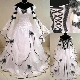 2022 Vintage Plus Size A Line Wedding Dresses Gown Fancy Long Bell Sleeves Top Black Lace Corset Back Retro Gothic Bridal Gowns We261n