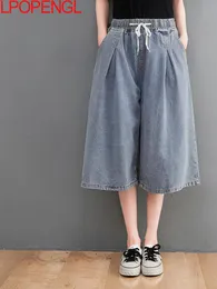 Jeans High Waist Jeans Women's Summer Drawstring Elastic Waist Wide Leg Pants Loose Straight Fashion Denim Calflength Pants Trendy