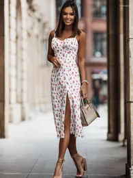 Casual Dresses Sexy Spaghetti Strap Floral Print Midi Dress Women 2023 Summer Slim Party Strapless Bodycon Slit For