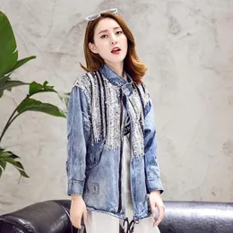 Kvinnorjackor Spring Autumn Women s Long Sleeve Stand Collar Loose Bling paljetter Jeans Coat Stitching Paillette Hole Washed Denim Tops