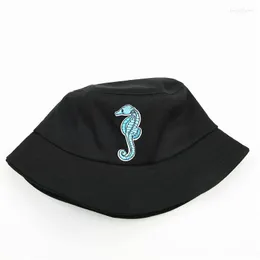 Berets 2023 Seahorse Animal Embroidery Cotton Bucket Hat Fisherman Outdoor Travel Sun Cap Hats For Men And Women 317