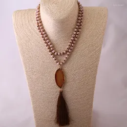 Kolye Kolyeleri Moda Düğümlü Halsband Kahverengi Kristal Boncuklar Bağlantı Yarı Uzun Püskül Kolye