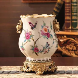 Vaser Heminredning Retro Dark Gold Flower Ceramic Vase Arrangement Plant Pot Bookcase Desktop Art Porcelain