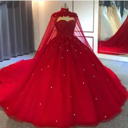 2022 Dark Red Modern Arabic Ball Gown Wedding Dresses 연인 소매 소매 케이프 레이스 아플리케 수정 구슬 플러스 크기 Form239d
