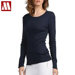 Camiseta mydbsh marca de algodão feminino estiramento camiseta manga longa sob a camisa topos camisetas casuais sólidas estilo europeu e americano