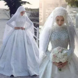 Blygsam islamisk hijab muslimska bröllopsklänningar vintage spetsland bröllopsklänning hög hals långärmad vinter brudklänning kläder de m177d