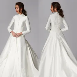 2020 Modest Muslim Wedding Dresses A Line Satin Appliques High Neck Country Brudklänningar Sop Train Långärmad Bohemian Wedding 233x