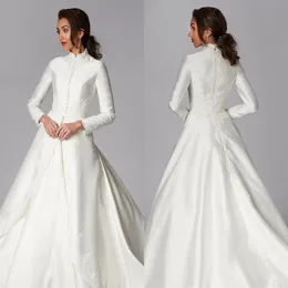 2020 Abiti da sposa musulmani modesti Una linea Appliques in raso Collo alto Abiti da sposa country Sweep Train Manica lunga Matrimonio bohémien 233x