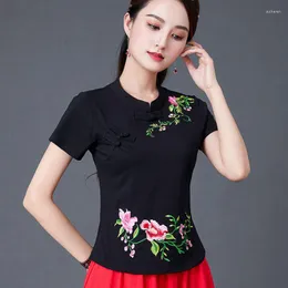 Ethnic Clothing Cheongsam Women's Plus Size Tops 2023 Summer Cotton Blend Brodery Splicing Tradition Kinesisk stildansdräkt