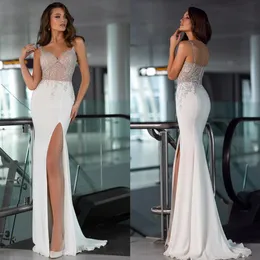 Oksana Mukha Mermaid 웨딩 드레스 2020 구슬 레이스 스파게티 하이 스플릿 웨딩 가운 스위프 트레인 맞춤형 멍청이 de novi331d