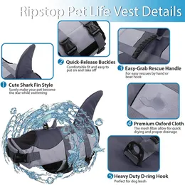 Västar 2022 Dog Life Jacket Ripstop Dog Lifesaver Shark Vest med räddningshandtag Pet Dog Safety Swimsuit For Pool Beach Beach Boating