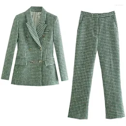 Kvinnors kostymer xitimeao Kvinnor mode dubbelbröst tweed check Slim Blazers Coat Vintage Kvinnliga ytterkläder och hög midja caschis capris