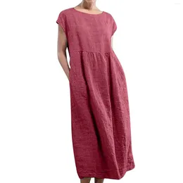 Casual Dresses Cotton Linen Solid Short Sleeve Women Dress A-Line O-Neck Loose midjeficka Midkalf Lady 2023 Plus Size 5xl