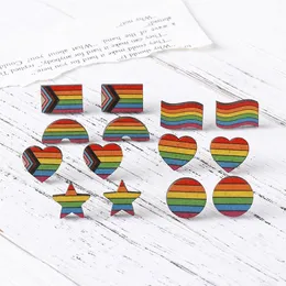 Rainbow Stud Earrings Star Heart Flag Wooden Earrings Couple Fashion Accessories