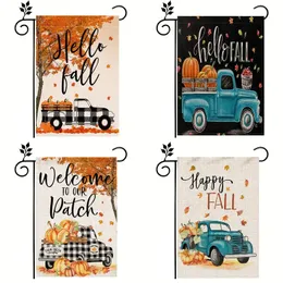 1PC, Hello Fall Garden Flag, dwustronne flagi ogrodowe, Autumn Maple Leaf Truck Pumpkin Flagi ogrodowe, dekoracje Święta Dziękczynienia, Wystrój jesienny, wystrój domu,