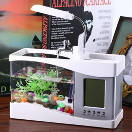 Zbiorniki USB mini akwarium akwarium pulpiak elektroniczny dekoracja akwarium z wodą z biegiem pompy LED światła kalendarz Whiteblack