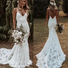 Bohemian Mermaid Wedding Dresses 2021 Backless Lace Applique Beach Country Spaghetti Straps Brudklänningar Vestido de Noiva264Q