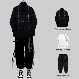 メンズトラックスーツHouzhou Techwear Pants Sets Sets Men Punk3 Piece Outfits Black Cargo Pants Leng Sleeve Shirts Korean Streetwear Hip Hop Spring 230619