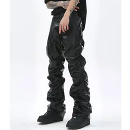 Men's Pants Hip Hop Mens Pleated Pu Leather Pants Harajuku Retro Streetwear Loose Ruched Casual Trousers Straight Solid Color Black Pants 230619