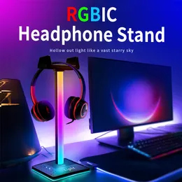 Fones de ouvido RGBIC Headset Stand Dreamcolor Lights com Type-c USB Ports Headphone Holder for TV Desktop Gamers Gaming PC Accessories Desk
