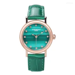 Нарученные часы Таинственные код женский бриллиант маленькие свежие зеленые часы Малахит Водонепроницаемые из нержавеющей стали кожаные дамы смотрят подарок