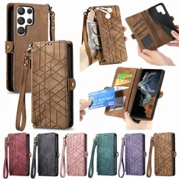 Zipper PU Leather Wallet Cases Para Samsung M54 M14 A24 A04E A14 A34 A04E A54 F14 S23 Ultra S22 Plus Retro Geometry Slot para Cartão de Crédito Pocket Flip Cover Holder Book Pouch