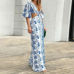 Kvinnors jumpsuits rompers Wildpinky Summer Boho Vneck Half Sleeve High Jumpsuit Women Hollow Out Print Chic Streetwear Wide Leg Romper 230619