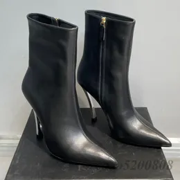 Botas de tornozelo femininas Moda Couro Genuíno Salto Alto Stiletto Bombas Runway Outfit Bico Pontudo Vestido de Festa Botas Outono Inverno