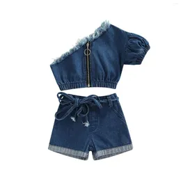 Clothing Sets Toddler Kids Girls 2 Pieces Outfits Frayed Trim Oblique Shoulder Zipper-Up Short Sleeve Denim Tops Shorts With Belt Set 1-5T