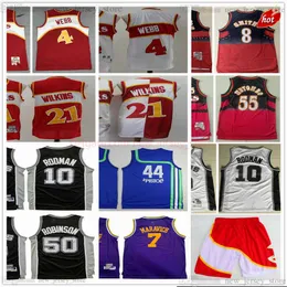 Retro Baskeball Pistol Pete 44 Maglia Maravich cucita Dikembe 55 Mutombo Spud Steve Webb Smith 10 Dennis 50 David Rodman Robinson Maglie Pantaloncini bianchi rossi