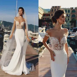 Abiti da sposa sexy a sirena 2022 Beach Vintage Illusion Off The Shoulder O-Collo Abito da sposa in pizzo Semplice vedere attraverso il cappuccio posteriore Sleev320m