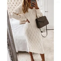 Casual Dresses Moarcho Sexy V-Neck Knitted Sweater Bodaycon Dress Women Lantern Sleeve Hollow Out Solid High Street Mid 2023 Winter Soft