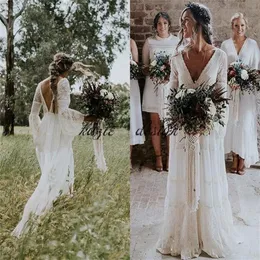 Boho Bohemia Full Lace Wedding Dresses Rygglösa långa ärmar Custom Made Bridal -klänningar Vestido de Novia297G