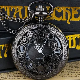 Pocket Watches Steampunk Copper Vintage Hollow Gear Hollow Quartz Pocket Watch Necklace Pendant Clock Chain Men Women 230619