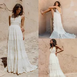 Vintage Bohemian Lace Wedding Dresses 2021 Retro Halter v Neck Backless People Hippie Country Style Bridal Dress Frood 230n