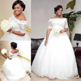 Nigeria Lace Off Shoulder Wedding Dresses Sheer Half Sleeves Beaded Lace Up Plus Size Bridal Gowns A Line African Wedding Vestidos270s