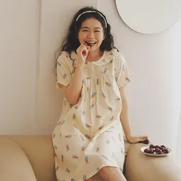 Женская одежда для сон девочки лето сладкое принт до колена ночная рукава хлопок короткие рукава пряжа ночная Япония в стиле Стиль Свободная ночная рубашка
