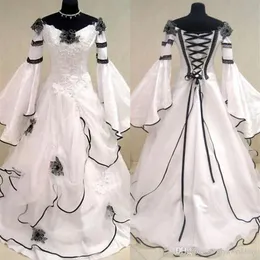 Abiti da sposa medievali vintage in bianco e nero rinascimentali Vestido De Novia Abiti da sposa celtici con maniche aderenti e svasate Flowe260K