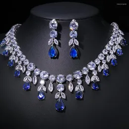 Naszyjnik Zestaw królewski niebieski sześcienne cyrkonowe biżuteria dla kobiet ogromny upuszczony ślub ślubny prezent na imprezę