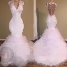2019 White Sexy V Neck Mermaid Wedding Dresses spetsapplikationer Beaded Crystal Backless Sweep Train Tulle Puffy Tiered Custom Made B276D