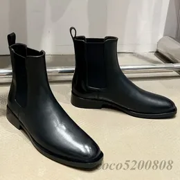 Botines de mujer, botas Chelsea, zapatos de cuero genuino para mujer, botines de tacón bajo con punta redonda, botas cómodas de Color sólido a la moda