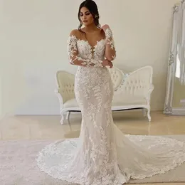 Jewel Neck Long Sleeves Lace Mermaid Wedding Dresses with Appliques Court Train Backless Tulle Plus Size Bridal Gowns255A