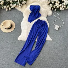 Women's Two Piece Pants Fashion Summer Tourism Holiday Sets Women's Irregular Bra Top High Waist Loose Drop Wide Leg 2 Suits J805