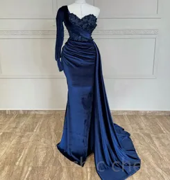 2023 Aso Ebi Navy Blue Mermaid Prom Dress Lace Beaded Evening Formal Party Second Reception Birthday Bridesmaid Engagement Gowns Dresses Robe De Soiree ZJ418