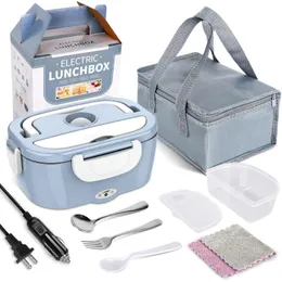 Lunchlådor Väskor 2-i-1 Hembilbil Mini Rice Box Heating Electric Lunch Box Portable Steamer Food Container Thermal Boxes Office Travel Set 230617