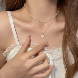 Chains Artificial Pearl Necklace Bridal Layered Heart Woman Necklaces Chain Pendant Girls Jewelry Silver Color Kpop Alloy Collares